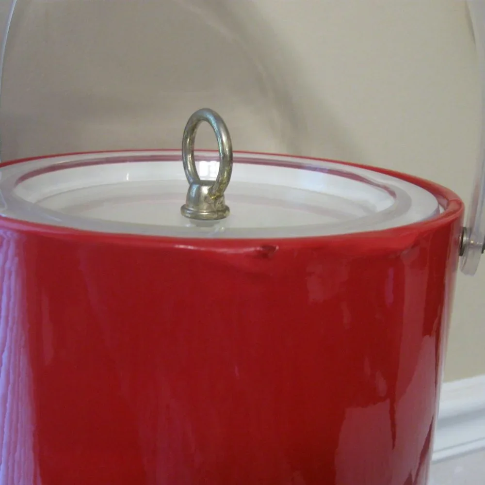 Vintage 60's Retro Lipstick Red Patent Ice Bucket w Lucite Handle & Tongs